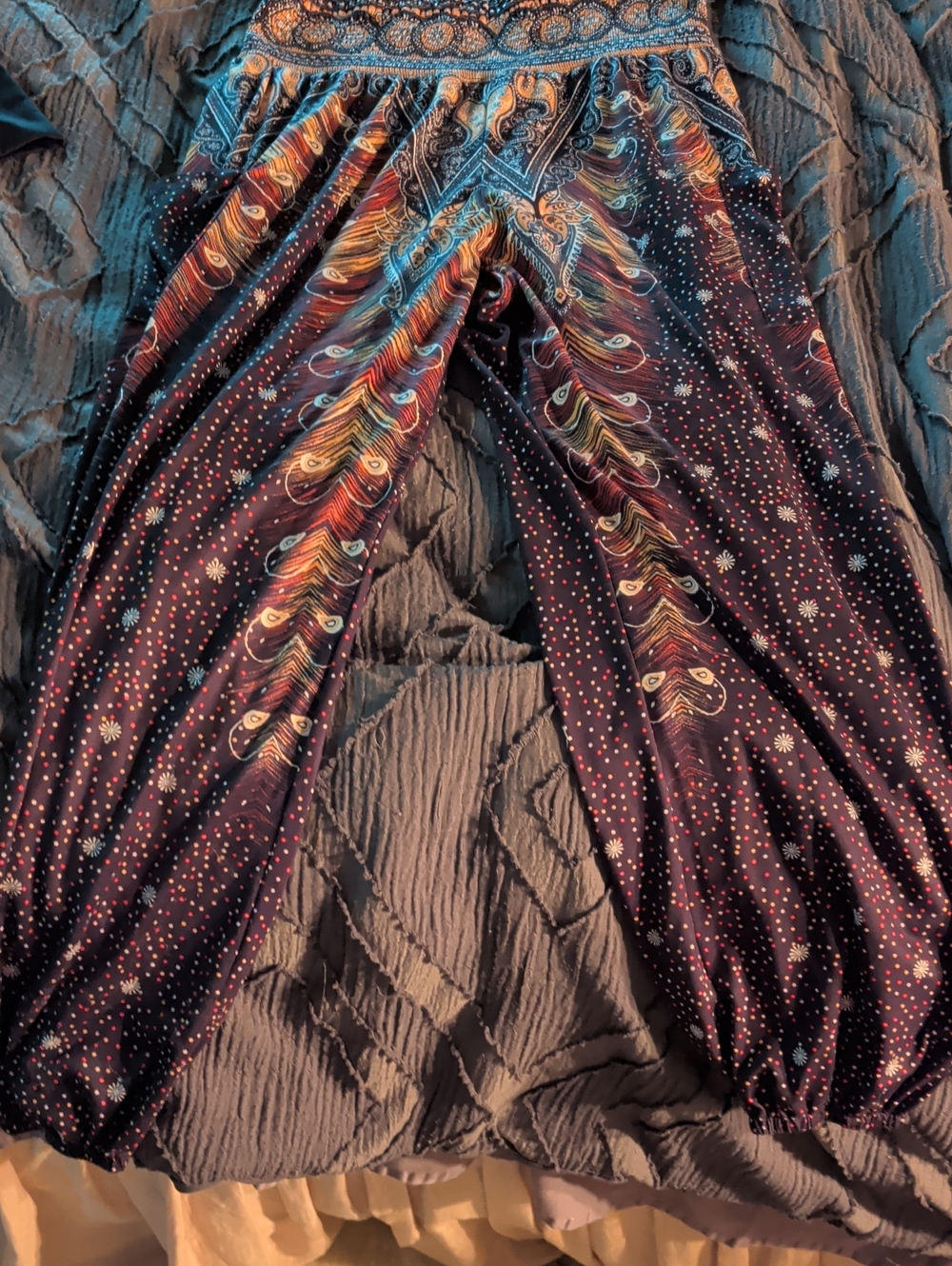 Boho Peacock-Feather Print Wide-Leg Pants — Navy